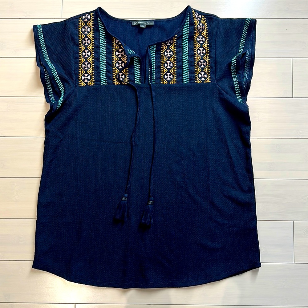 Adrianna Papell Womens Short Sleeve Embroidered Design Dark Blue Size Medium